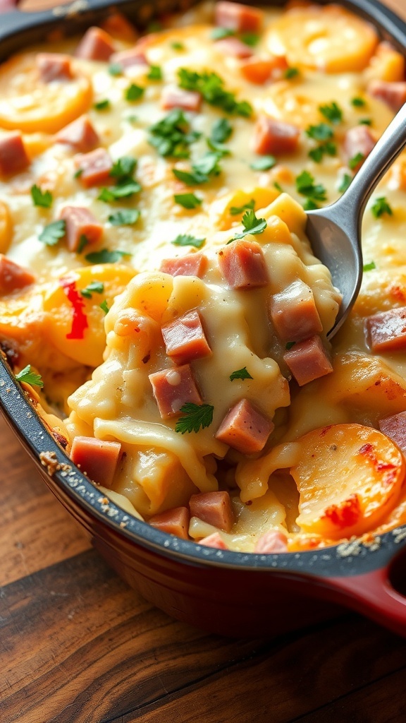 Cheesy ham and potato casserole with layers of potatoes and ham, garnished with parsley, in a rustic baking dish.